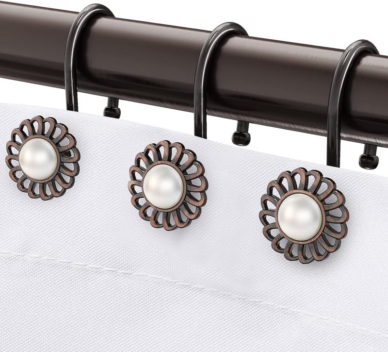 iToplin Oil Rubbed Bronze Shower Curtain Hooks, Decorative Sunflower Shower Curtain Rings for Bathroom Shower Curtain Rods and Liner,Metal Shower Hooks, Floral Pearl Shower Rings for Curtain Set of 12 - Image 1